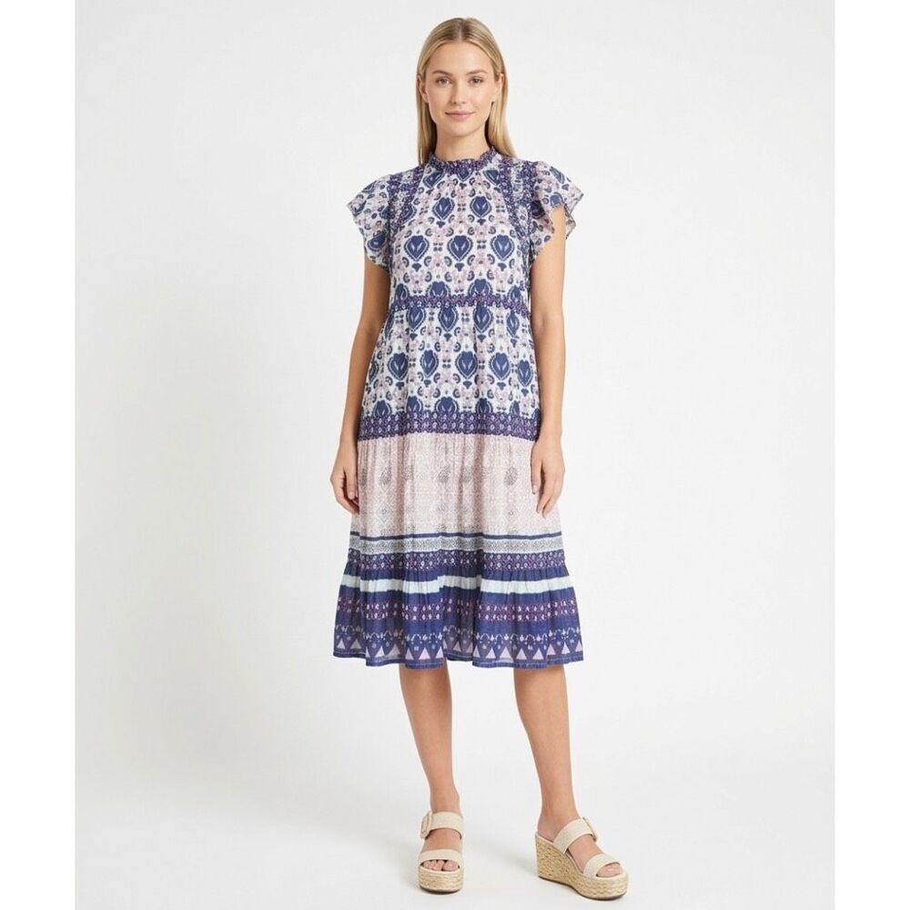 Sea New York Brigitte Border Tiered Midi Dress Floral Cotton Flutter Small